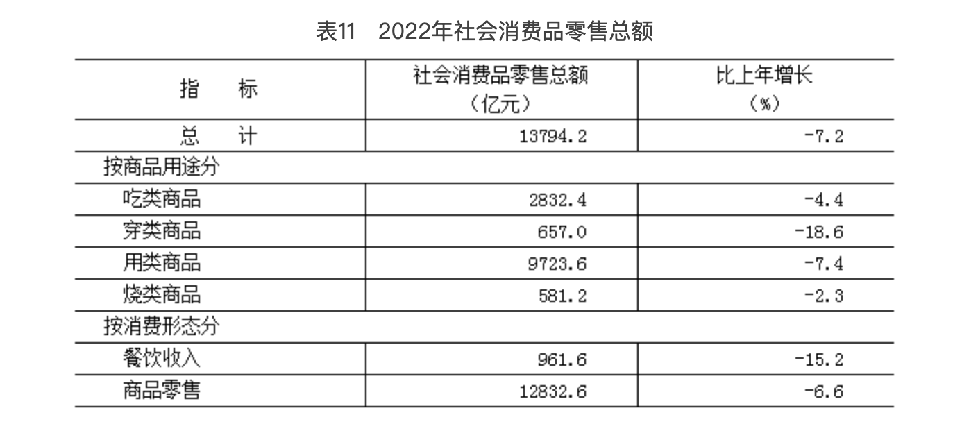 表11 2022年社会消费品零售总额 表11 2022年社会消费品零售总额
